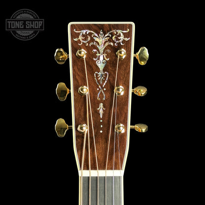 Front of headstock of Martin Custom Shop 41 Style Dread Torch Motif Adirondack/WEIR Ambertone.