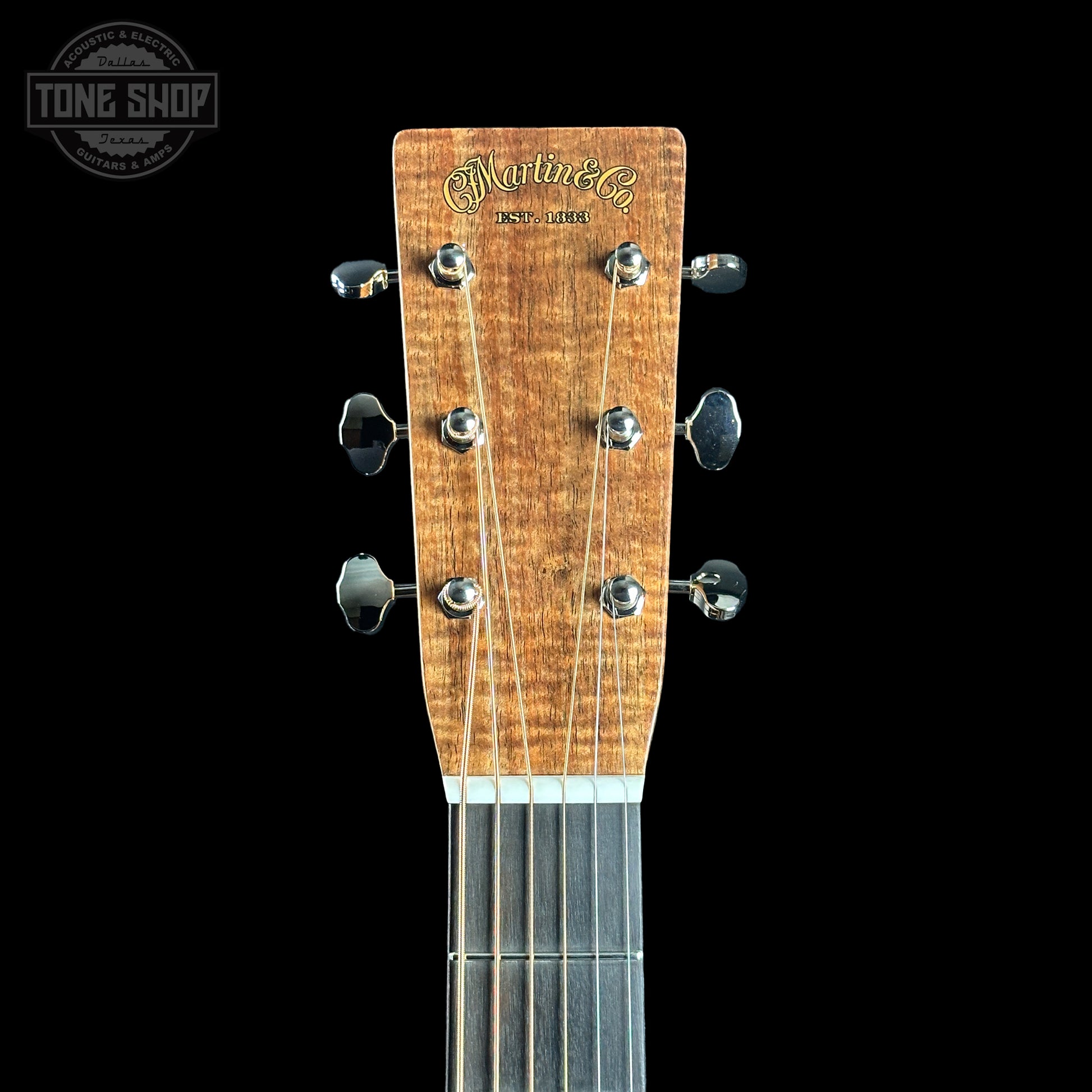 Headstock of Martin Custom Shop 00-14F 28 Style Italian Alpine Spruce/Tasmanian Blackwood.