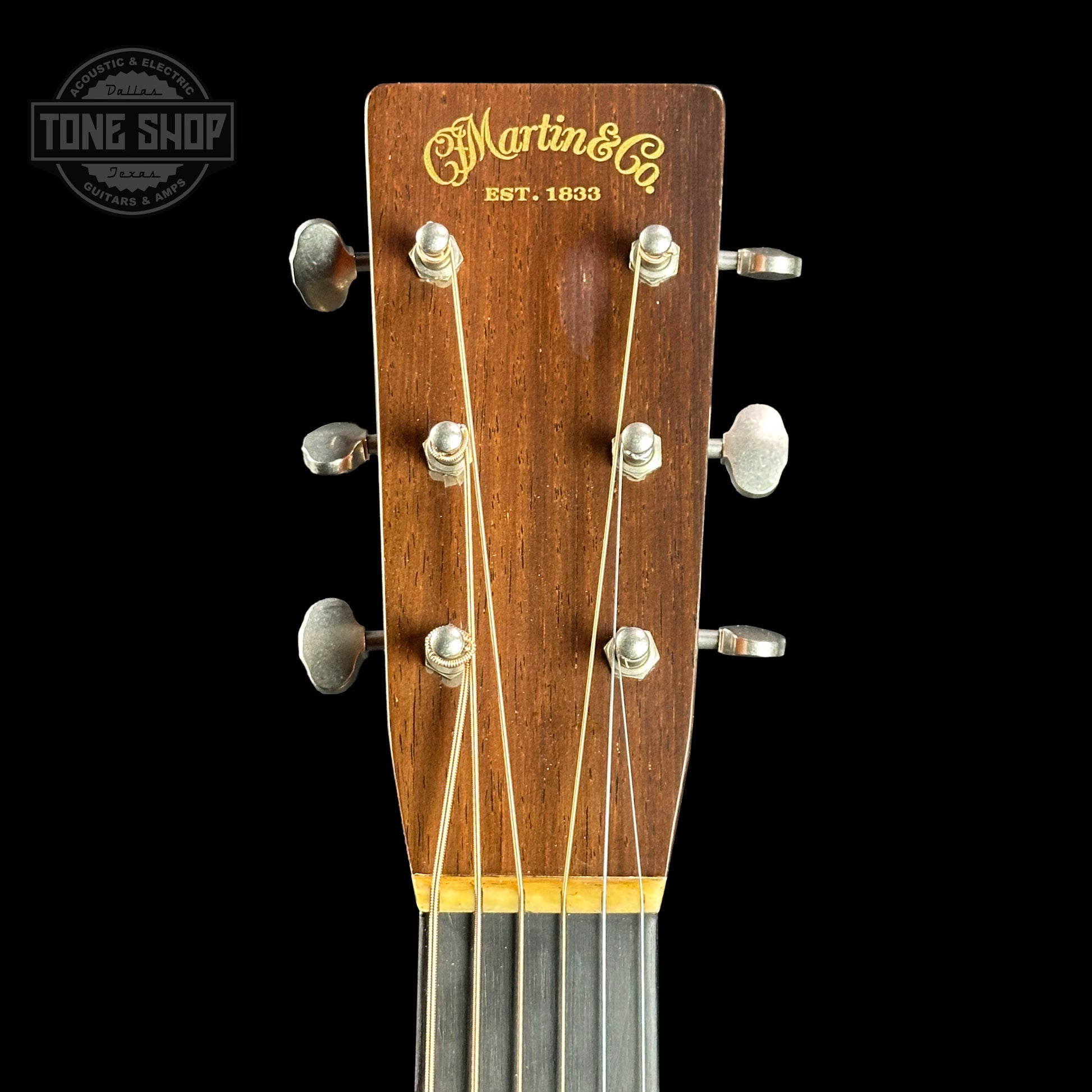 Front of headstock of Martin Custom Shop 37 D-28 Authentic Brazilian Rosewood Stage 1 Aging.