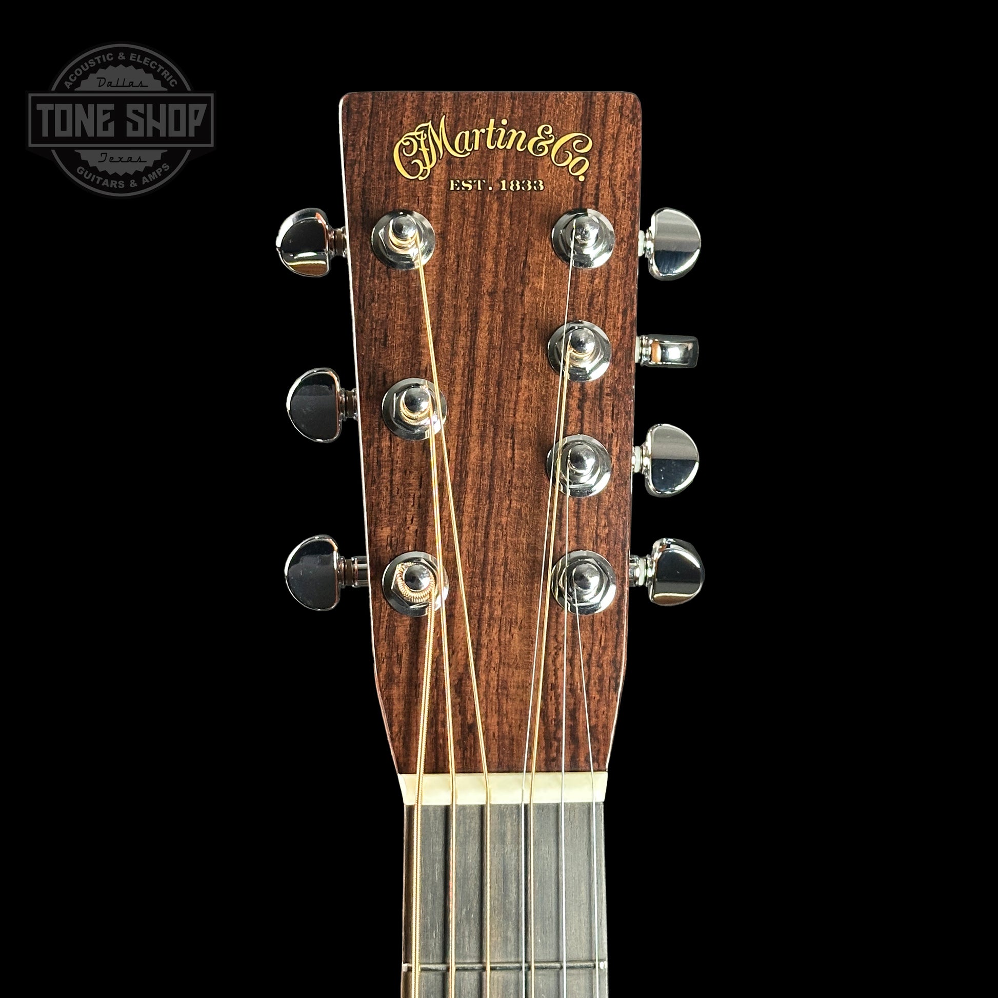 Front of headstock of Martin Custom Shop HD-7 Adirondack/WEIR.