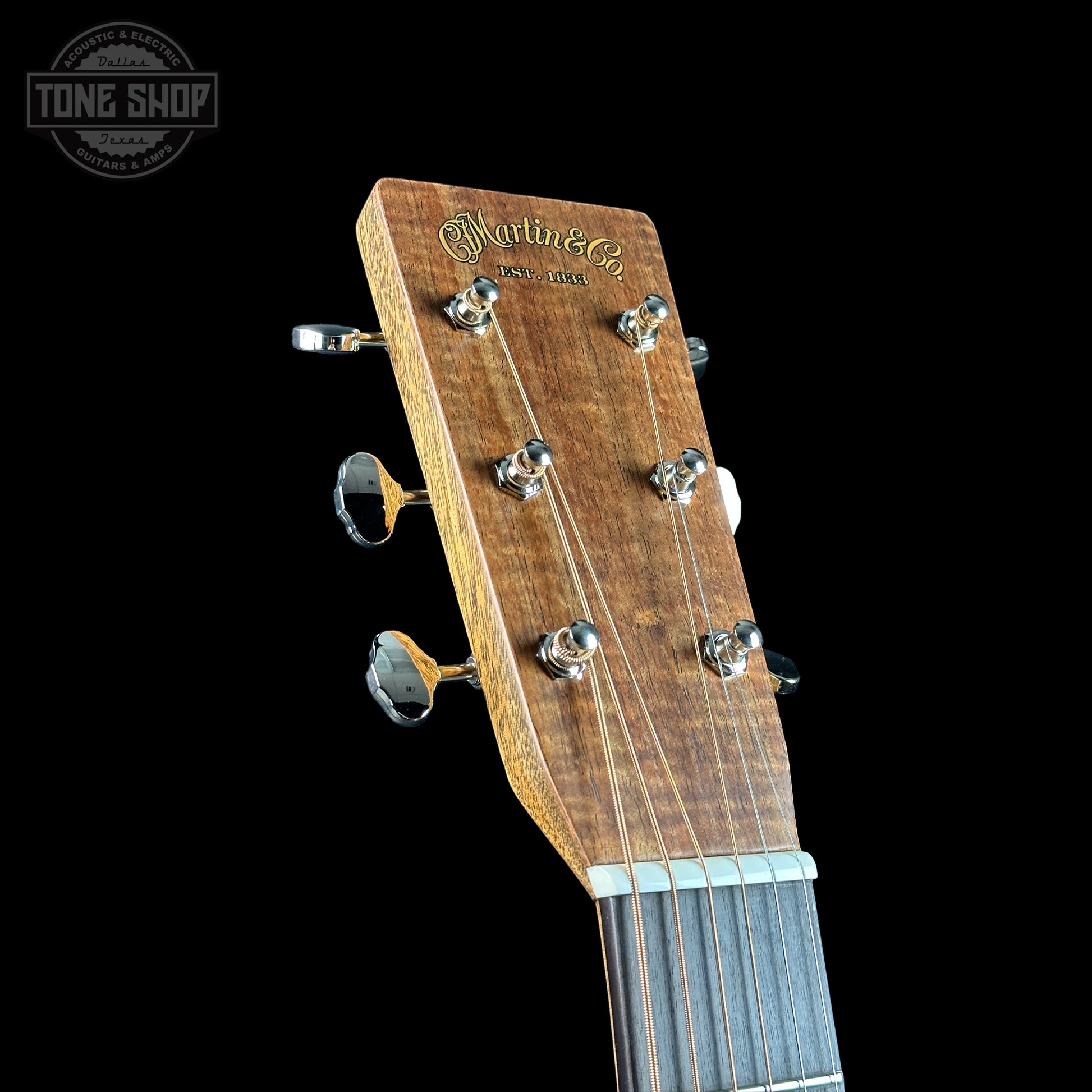 Front angle of headstock of Martin Custom Shop 00-14F 28 Style Italian Alpine Spruce/Tasmanian Blackwood.