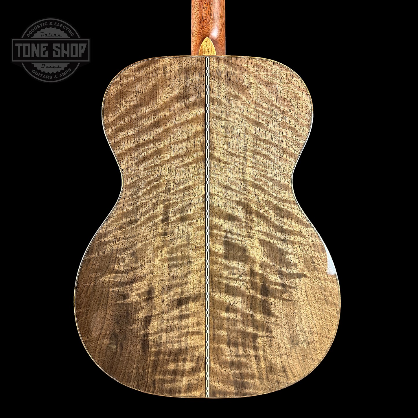 Back of Martin Custom Shop 28 Style OM Italian Alpine Spruce/Exceptionally Figured Black Walnut.