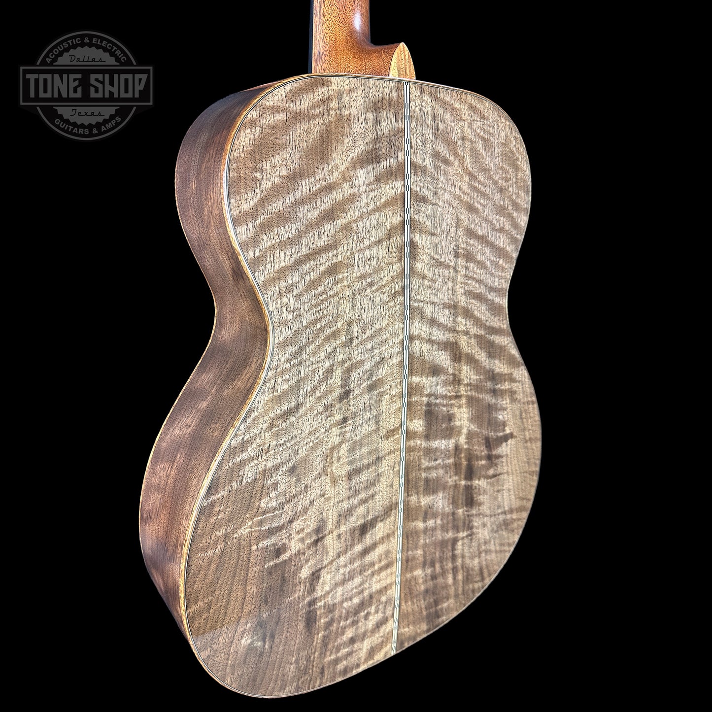 Back angle of Martin Custom Shop 28 Style OM Italian Alpine Spruce/Exceptionally Figured Black Walnut.