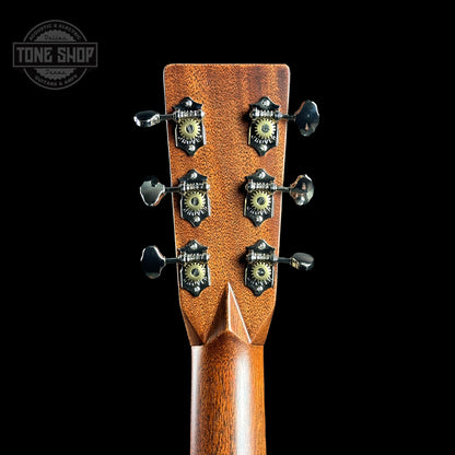 Back of headstock of Martin Custom Shop 28 Style OM Italian Alpine Spruce/Exceptionally Figured Black Walnut.