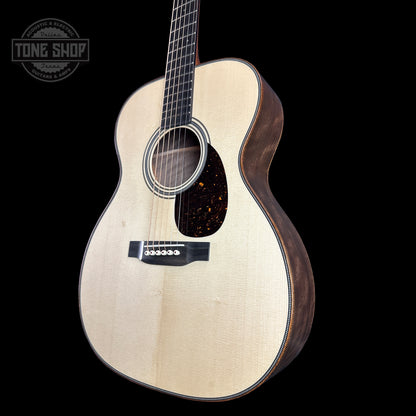 Front angle of Martin Custom Shop 28 Style OM Italian Alpine Spruce/Exceptionally Figured Black Walnut.