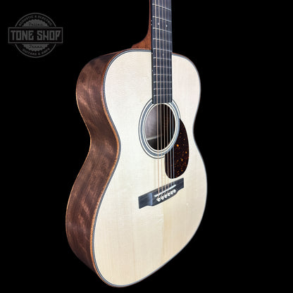 Front angle of Martin Custom Shop 28 Style OM Italian Alpine Spruce/Exceptionally Figured Black Walnut.