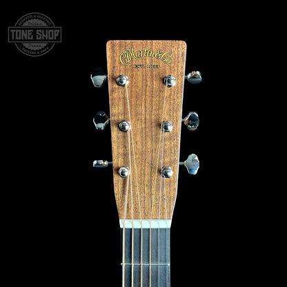 Front of headstock of Martin Custom Shop 28 Style OM Italian Alpine Spruce/Exceptionally Figured Black Walnut.