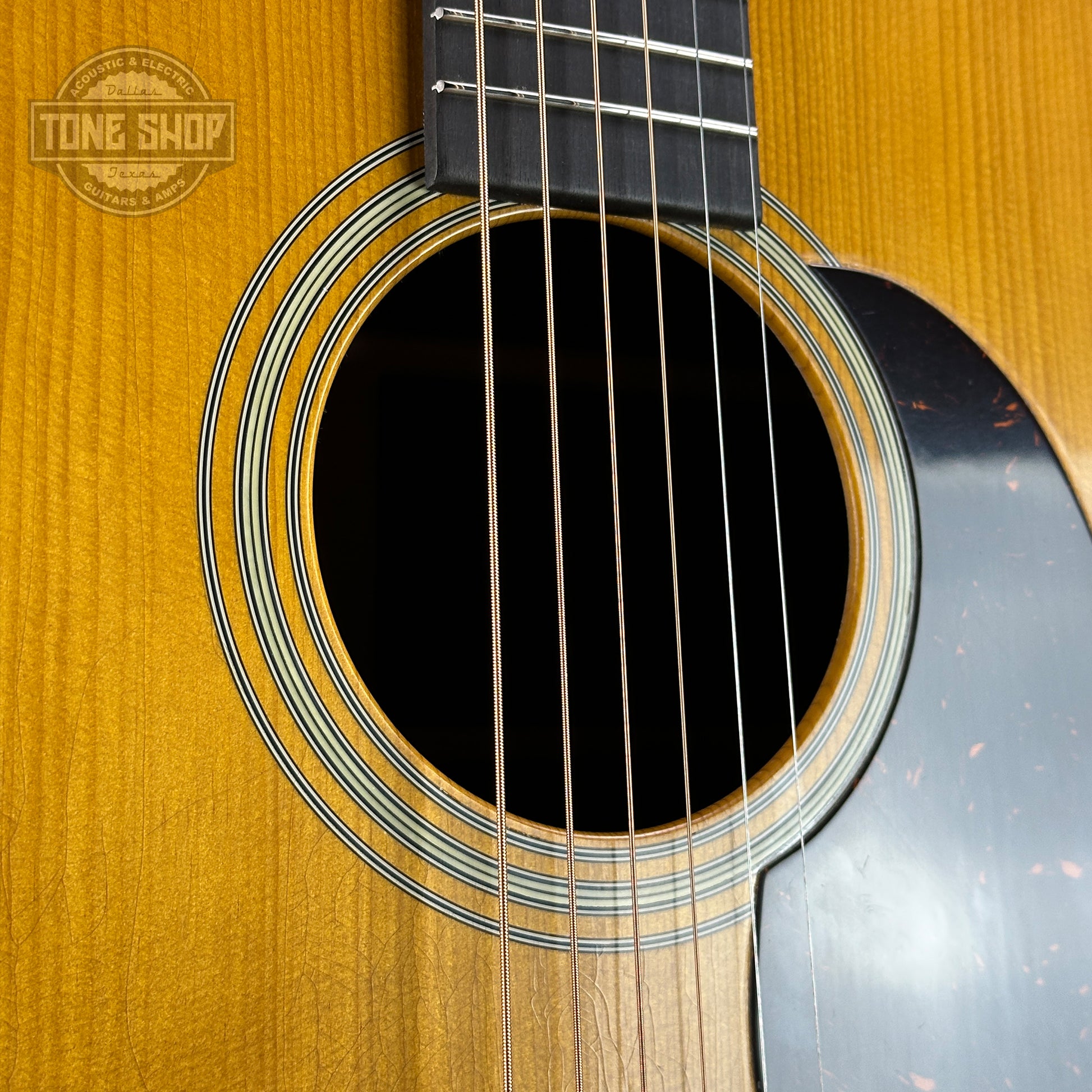 Soundhole of Martin Custom Shop 37 D-28 Authentic Brazilian Rosewood Stage 1 Aging.