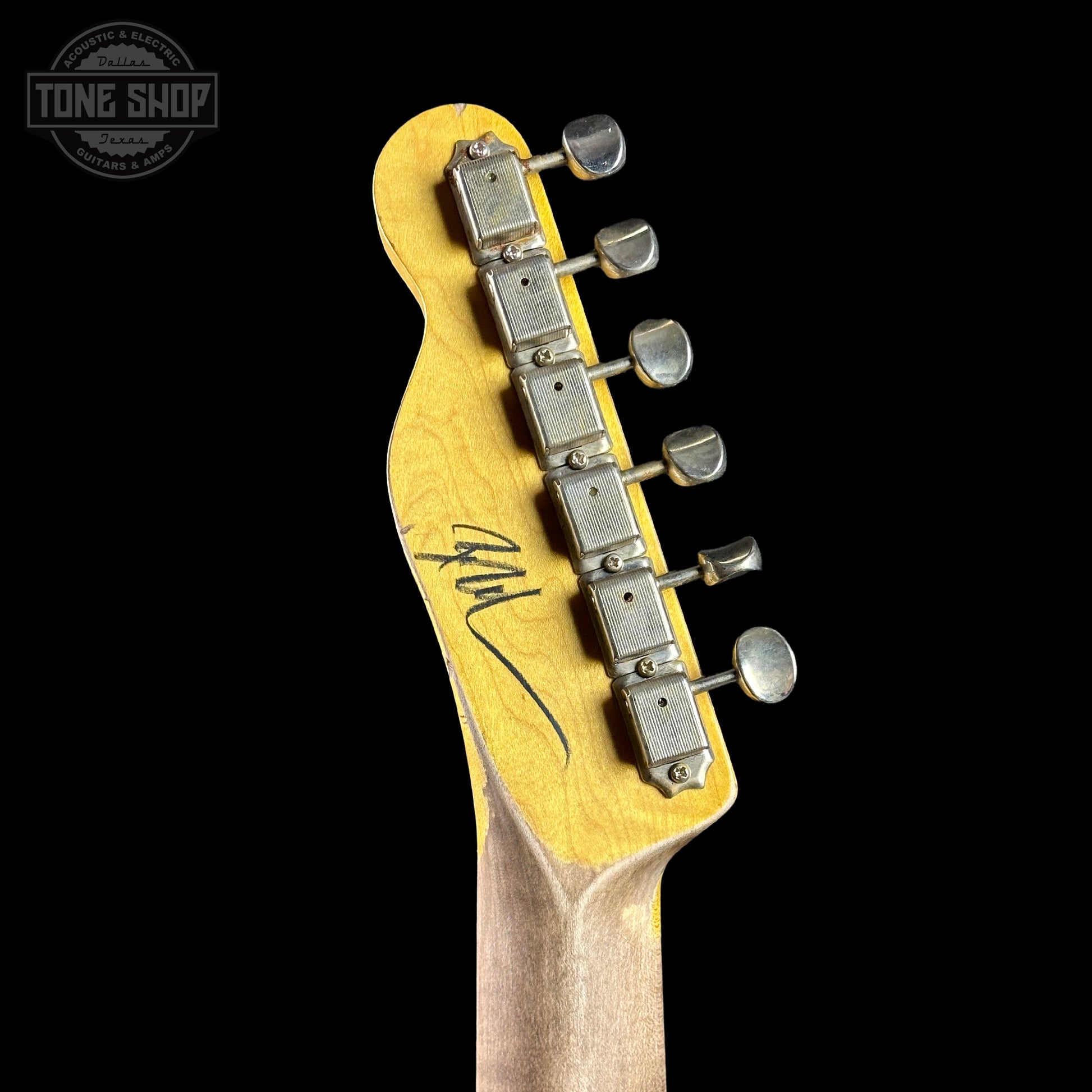 Back of headstock of Nash T-52 Butterscotch Blonde Heavy Aging Boatneck.