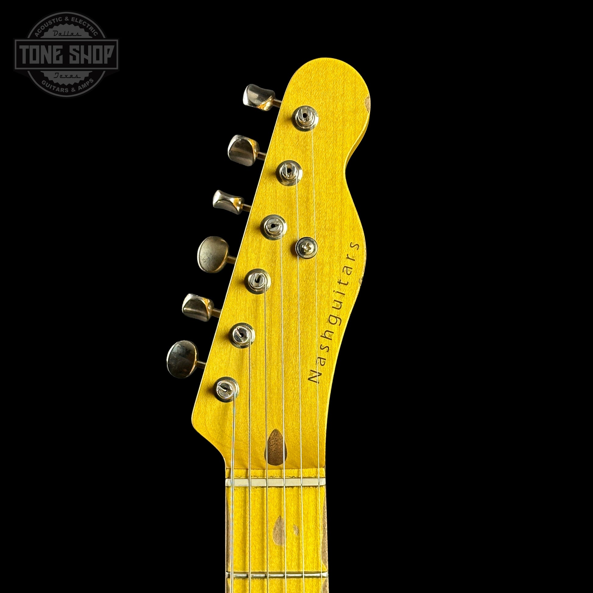 Headstock of Nash T-52 Mary Kaye Ash/MP Light Aging.