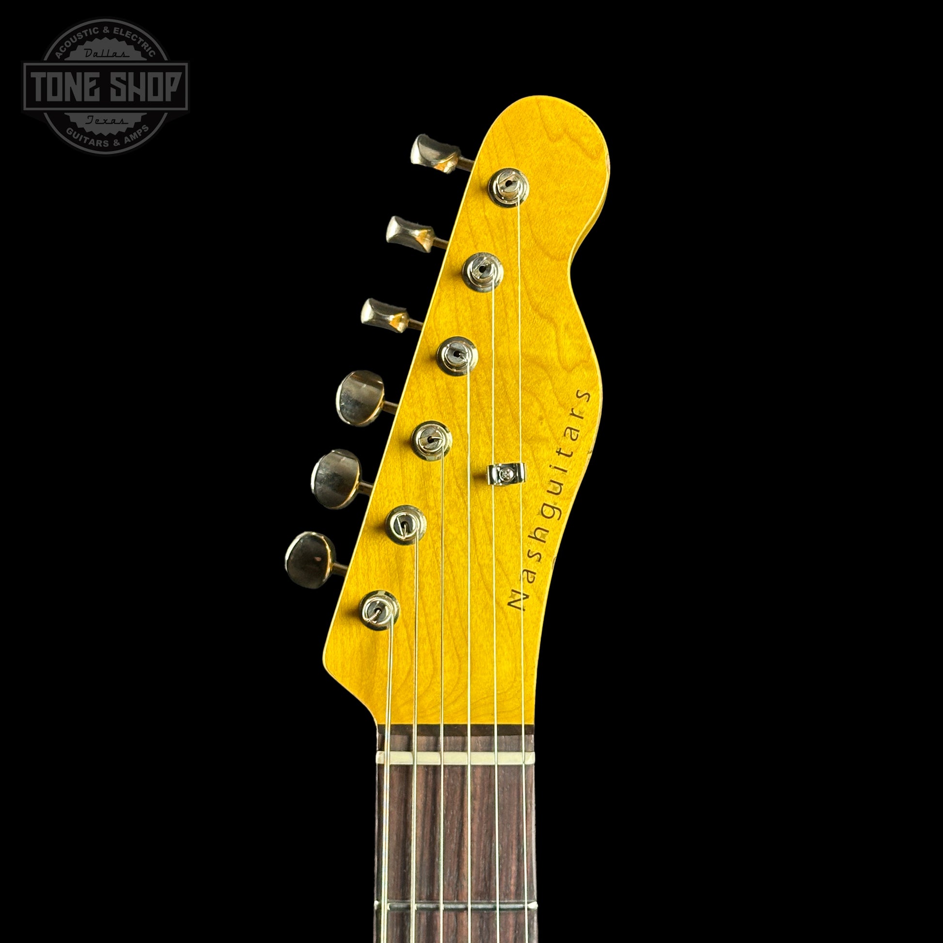 Headstock of Nash T-63 Olympic White.