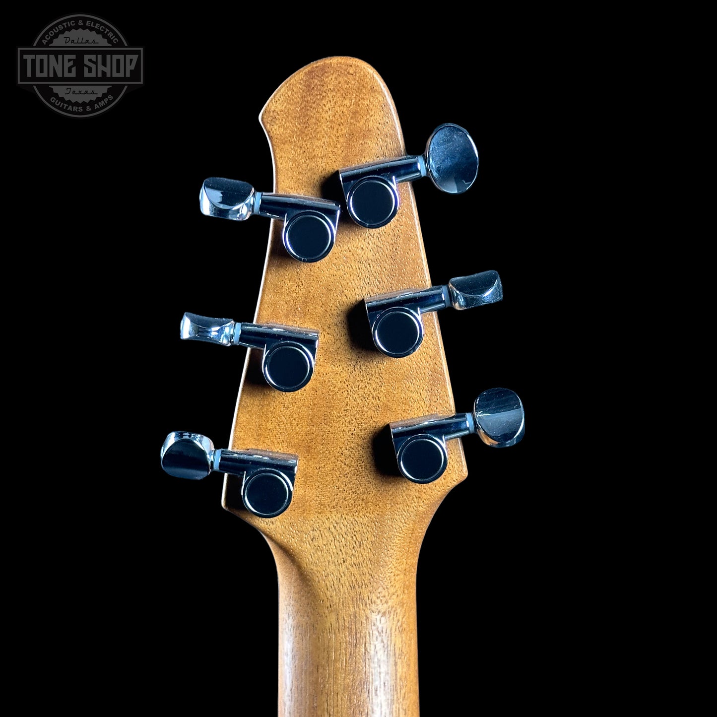 Back of headstock of Powers Electric A-Type Select Maple Cosmo Orange PF42 Pearl Delrin Warm Hard Tail.