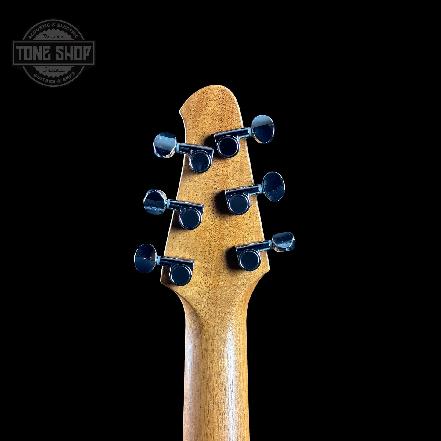 Back of headstock of Powers Electric A-Type Select Quilt Top Cabernet Pearl Ebony Warm Cam Tail FF42.