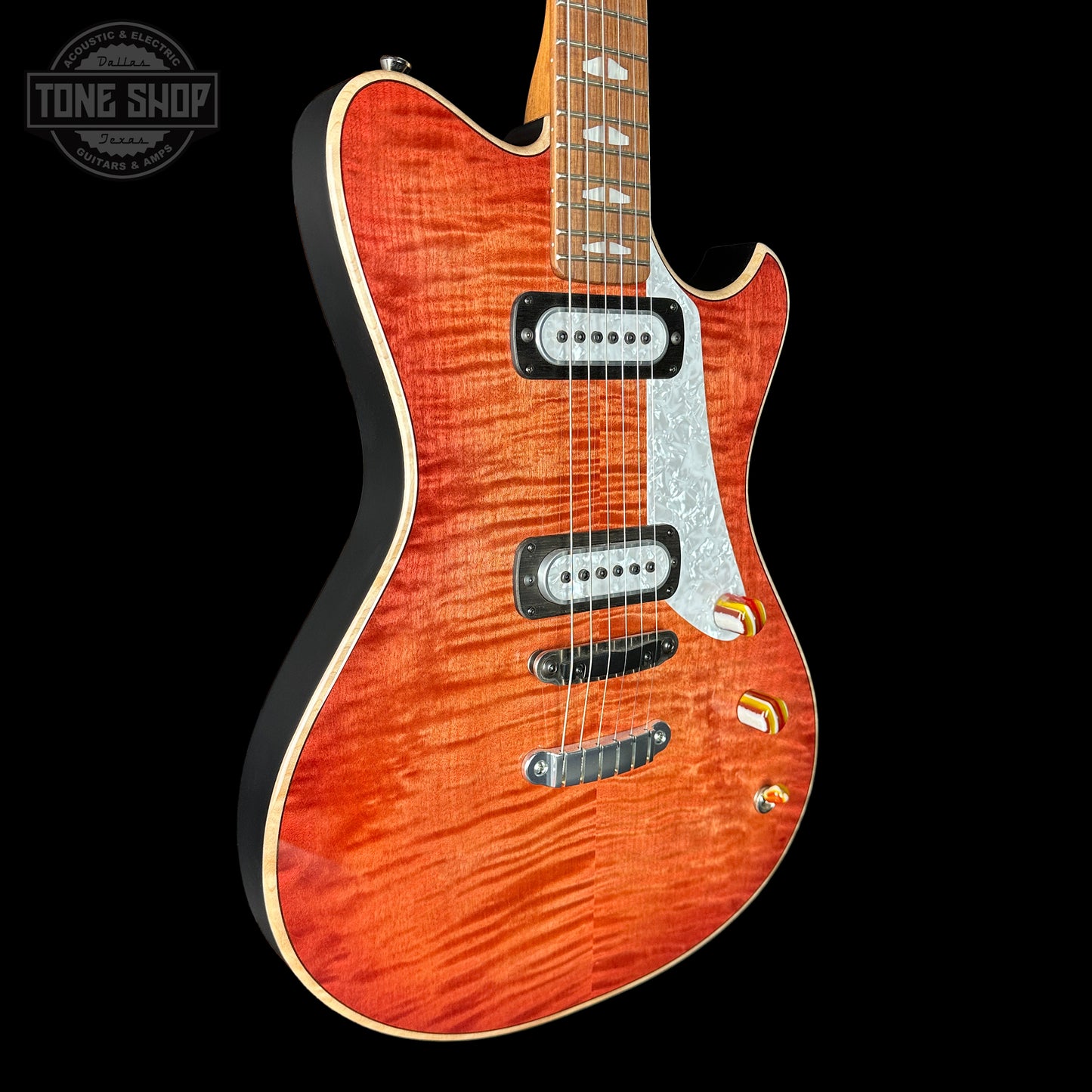 Front angle of Powers Electric A-Type Select Maple Cosmo Orange PF42 Pearl Delrin Warm Hard Tail.