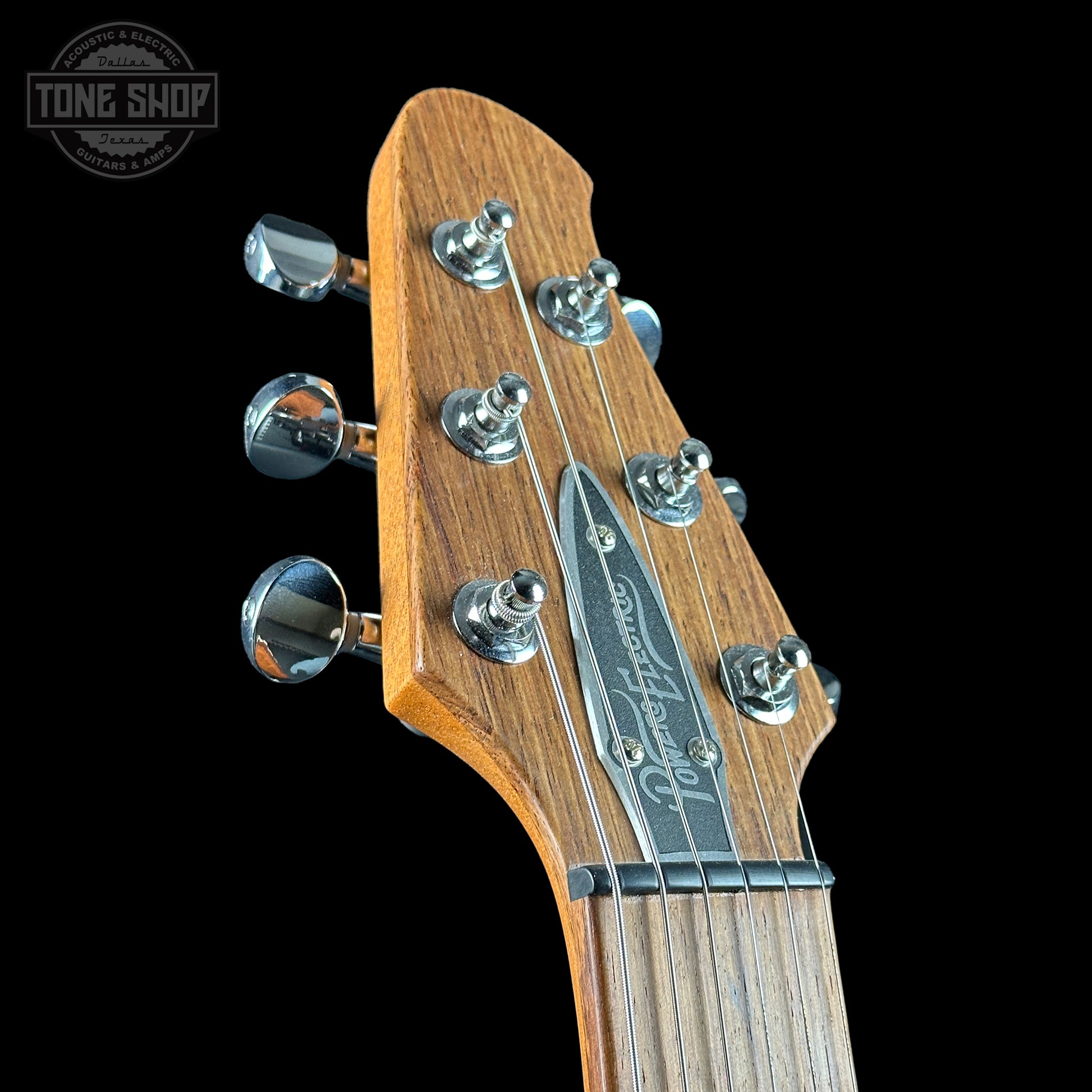 Headstock of Powers Electric A-Type Select Maple Cosmo Orange PF42 Pearl Delrin Warm Hard Tail.