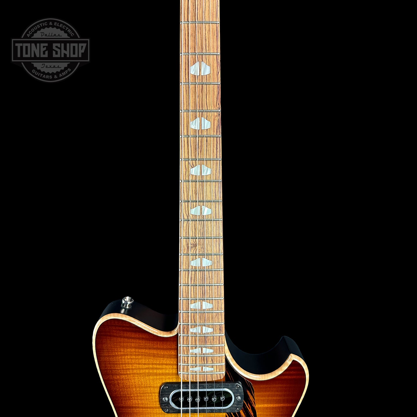 Fretboard of Powers Electric A-Type Select Maple Sweet Tea Orange Firestripe Ebony Warm Hard Tail PF42.