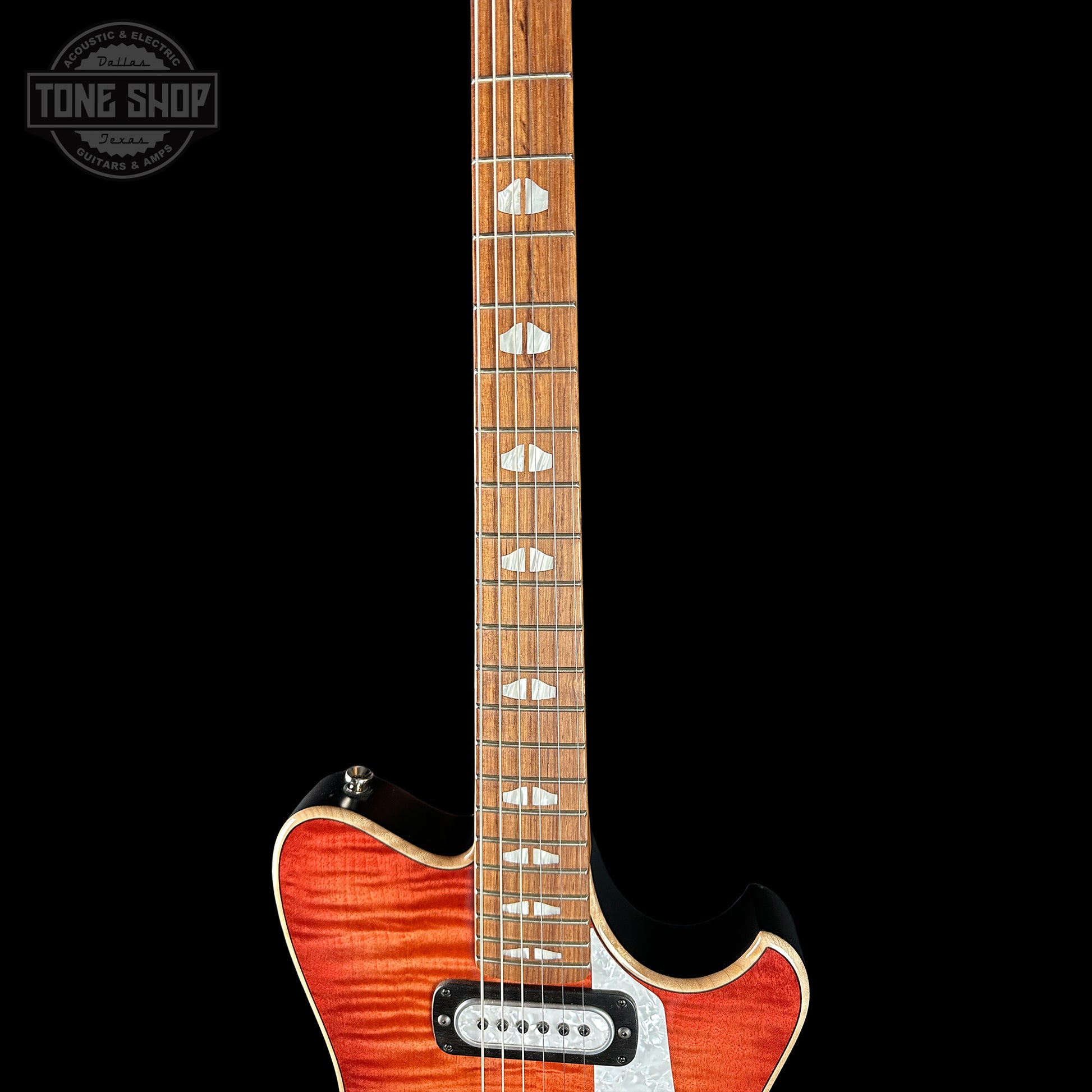 Fretboard of Powers Electric A-Type Select Maple Cosmo Orange PF42 Pearl Delrin Warm Hard Tail.