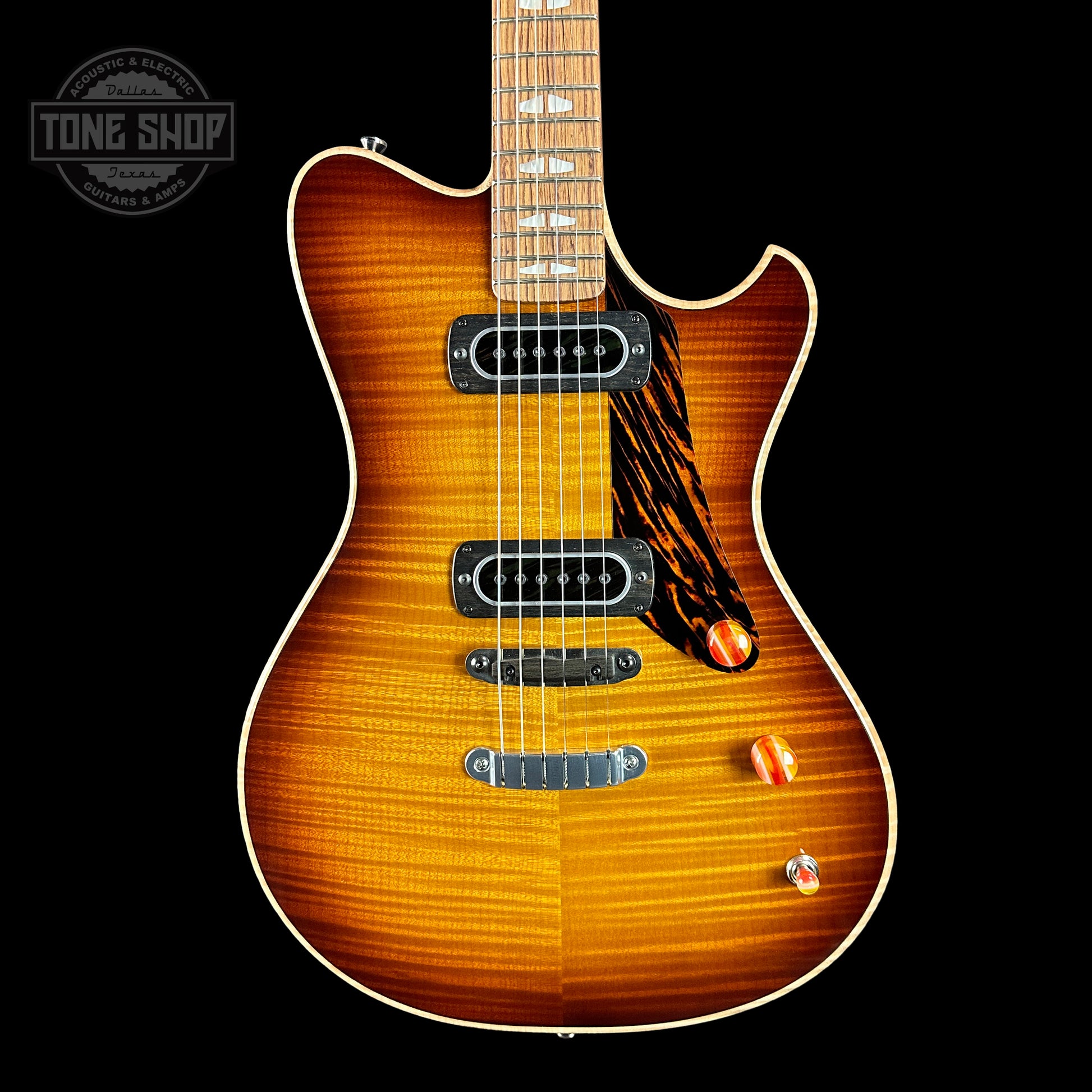 Front of Powers Electric A-Type Select Maple Sweet Tea Orange Firestripe Ebony Warm Hard Tail PF42.