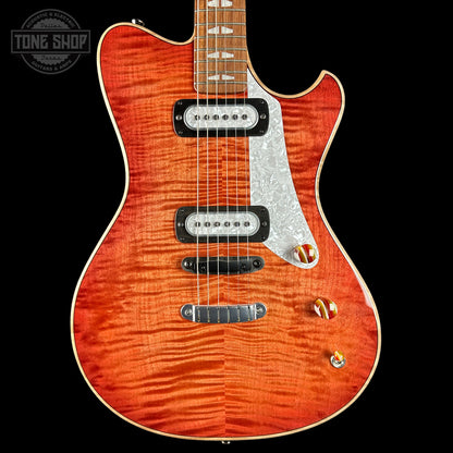 Front of Powers Electric A-Type Select Maple Cosmo Orange PF42 Pearl Delrin Warm Hard Tail.