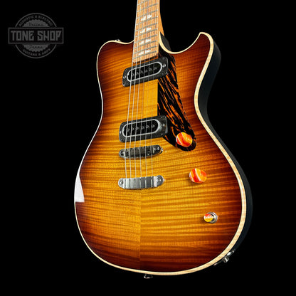 Front angle of Powers Electric A-Type Select Maple Sweet Tea Orange Firestripe Ebony Warm Hard Tail PF42.