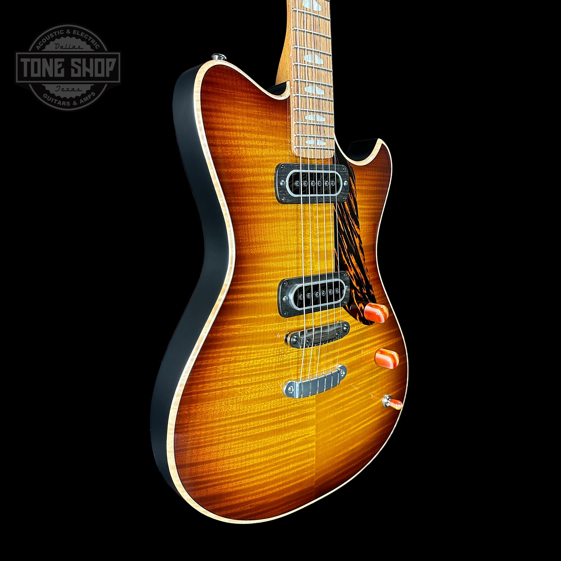 Front angle of Powers Electric A-Type Select Maple Sweet Tea Orange Firestripe Ebony Warm Hard Tail PF42.