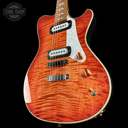 Front angle of Powers Electric A-Type Select Maple Cosmo Orange PF42 Pearl Delrin Warm Hard Tail.