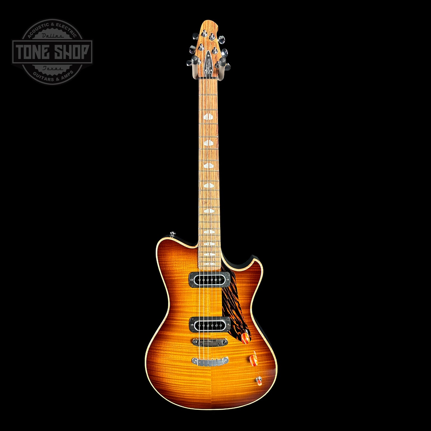 Full front of Powers Electric A-Type Select Maple Sweet Tea Orange Firestripe Ebony Warm Hard Tail PF42.