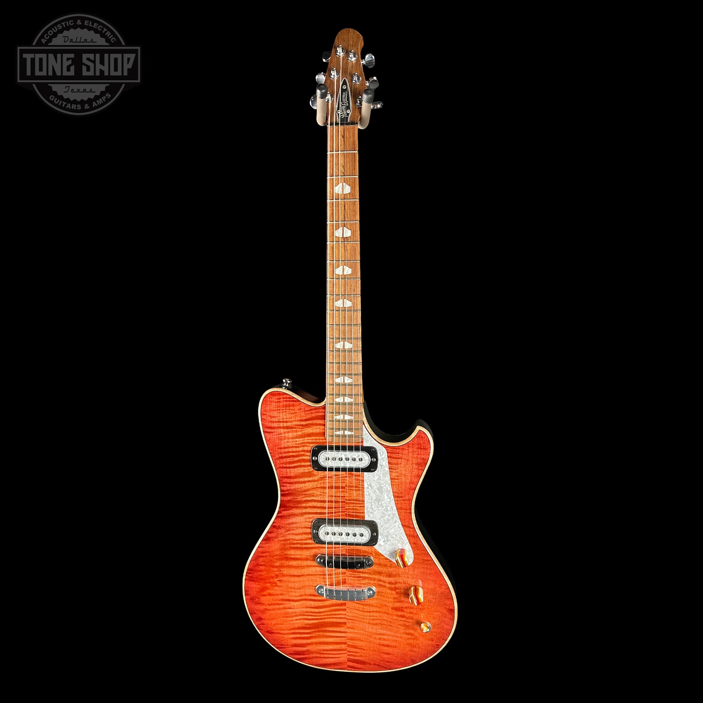 Full front of Powers Electric A-Type Select Maple Cosmo Orange PF42 Pearl Delrin Warm Hard Tail.