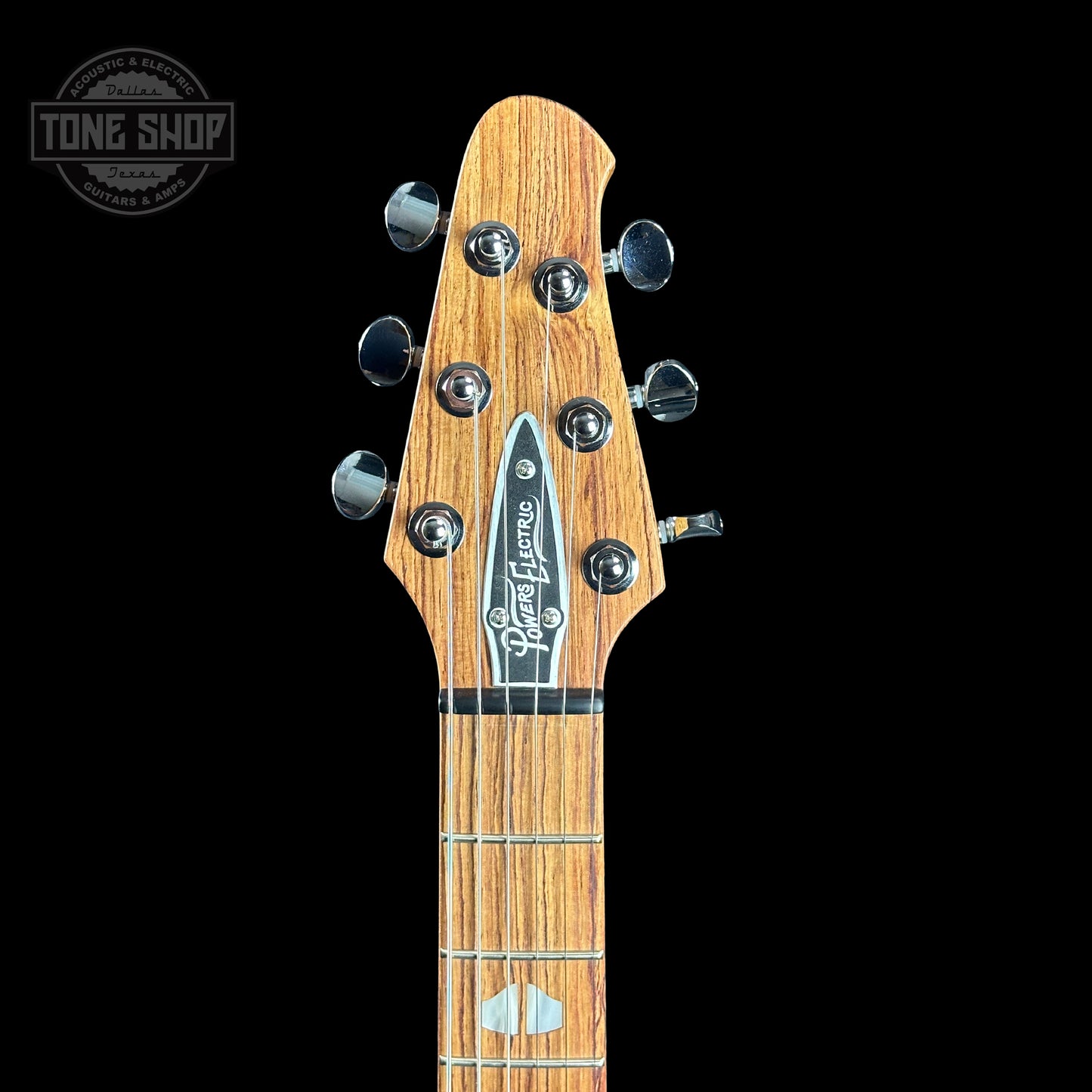 Front of headstock of Powers Electric A-Type Select Maple Sweet Tea Orange Firestripe Ebony Warm Hard Tail PF42.