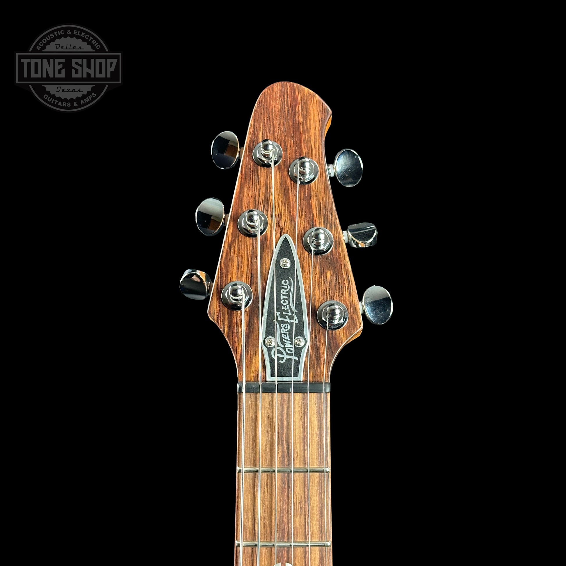 Front of headstock of Powers Electric A-Type Select Quilt Top Cabernet Pearl Ebony Warm Cam Tail FF42.