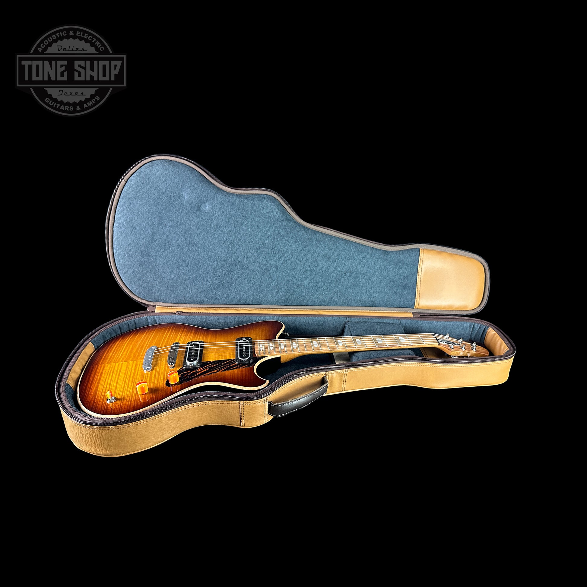 Powers Electric A-Type Select Maple Sweet Tea Orange Firestripe Ebony Warm Hard Tail PF42 in case.