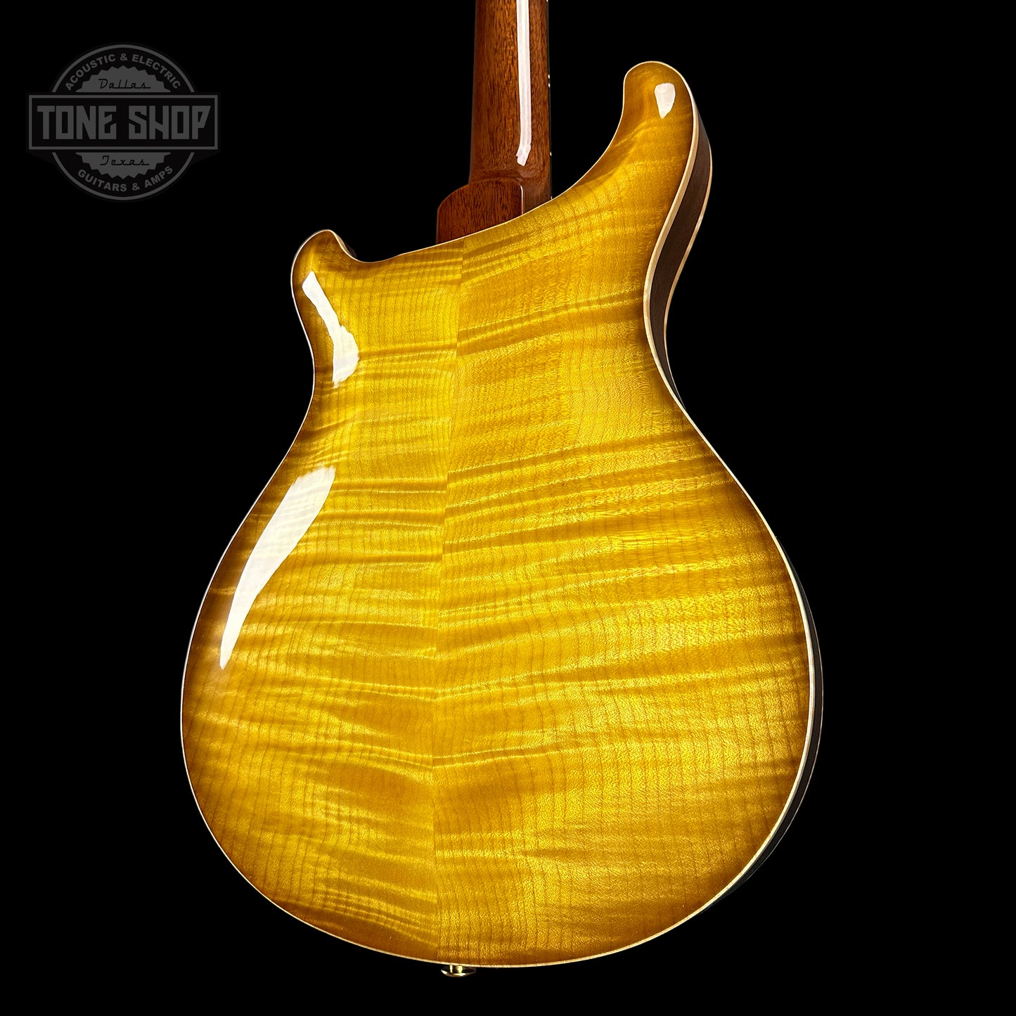 Back angle of PRS Wood Library Hollowbody II Piezo 10 top Livingston Lemondrop Braz.