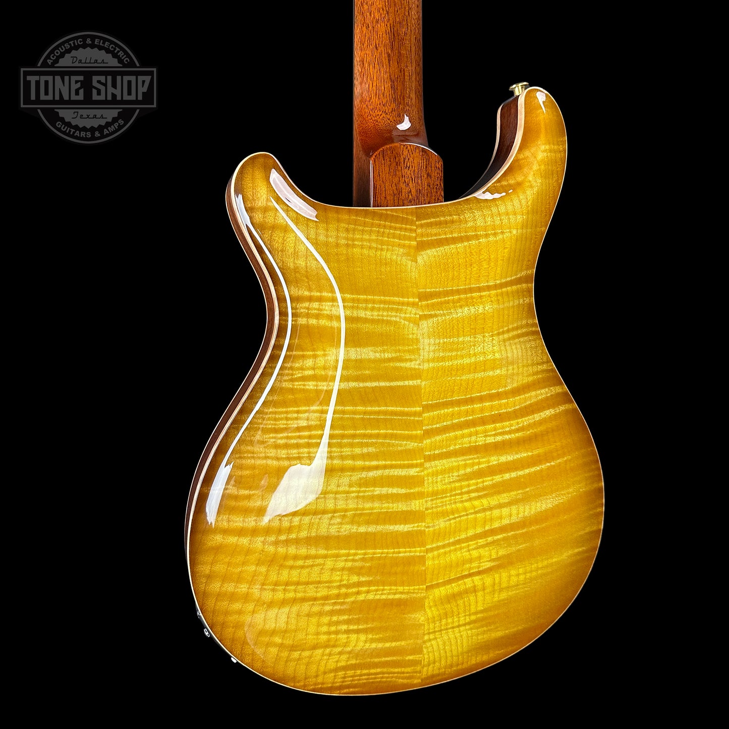 Back angle of PRS Wood Library Hollowbody II Piezo 10 top Livingston Lemondrop Braz.