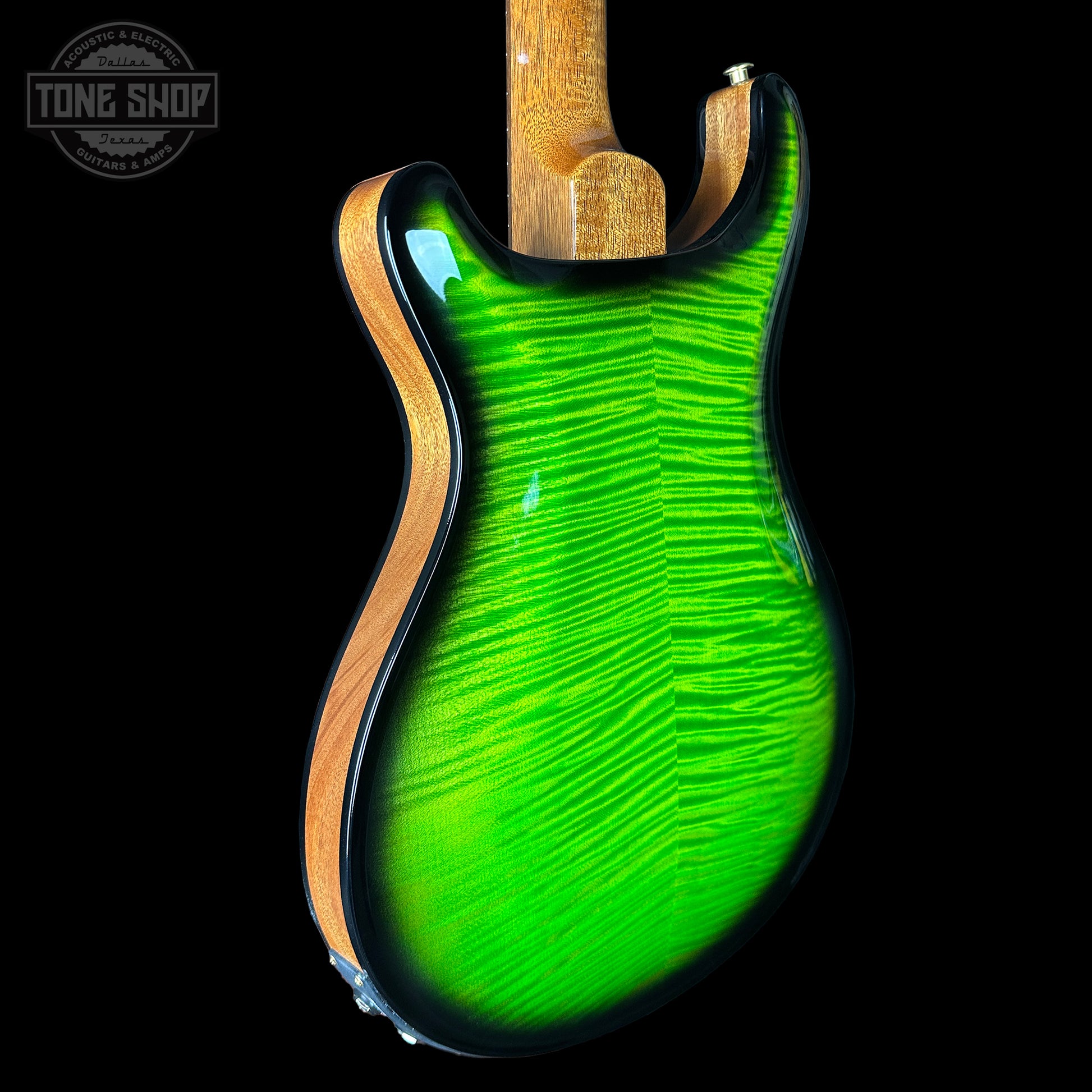 Back angle of PRS Wood Library Hollowbody II Piezo 10 top Eriza Verde Smokeburst Brazilian RW.