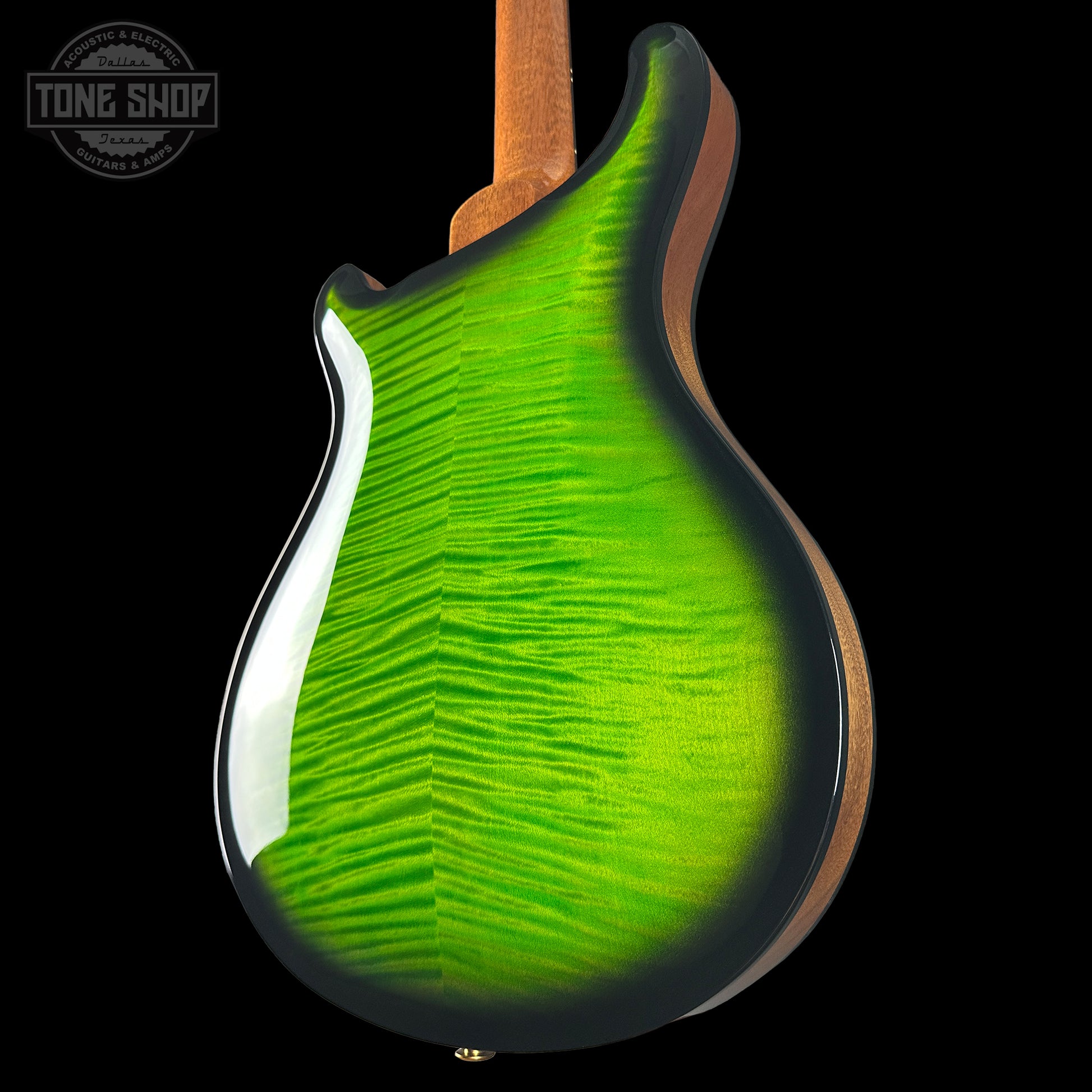 Back angle of PRS Wood Library Hollowbody II Piezo 10 top Eriza Verde Smokeburst Brazilian RW.