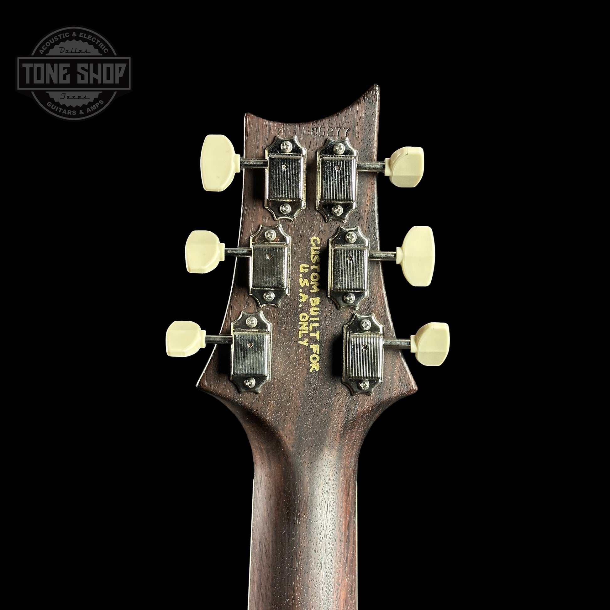 Back of headstock of PRS Wood Library McCarty 594 Black Gold Sunburst 10-top Brazilian FB.