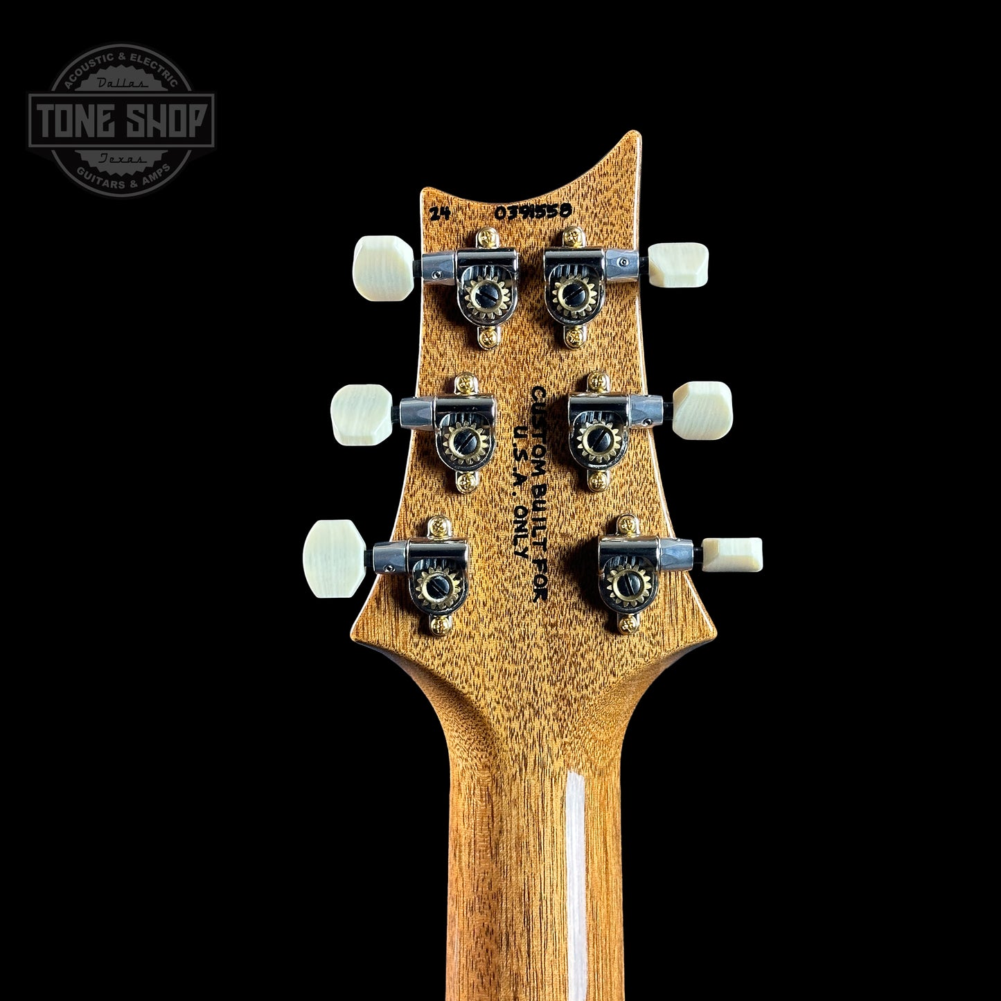 Back of headstock of PRS TSG Anniversary Wood Library Artist DGT Frostbite Brazilian Rosewood.