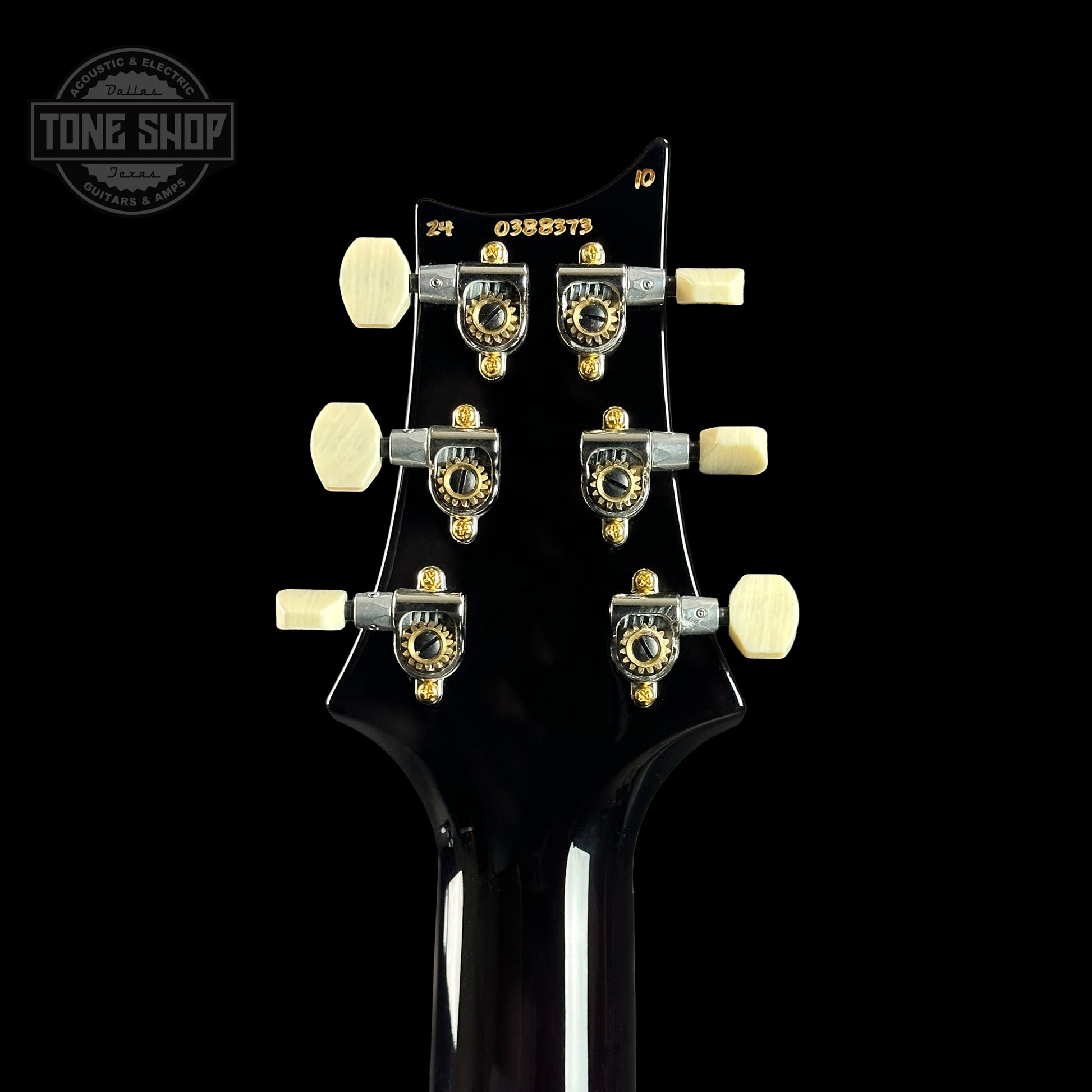 Back of headstock of PRS DGT Black Gold Wraparound Burst 10 Top Birds.