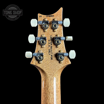 Back of headstock of PRS TSG Anniversary Wood Library Artist DGT Gold Storm Fade Brazilian Rosewood.