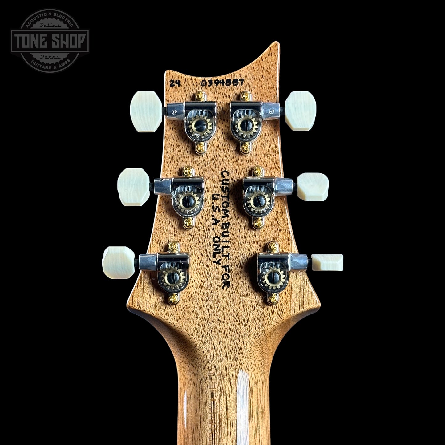 Back of headstock of PRS TSG Anniversary Wood Library Artist DGT Frostbite Brazilian Rosewood.