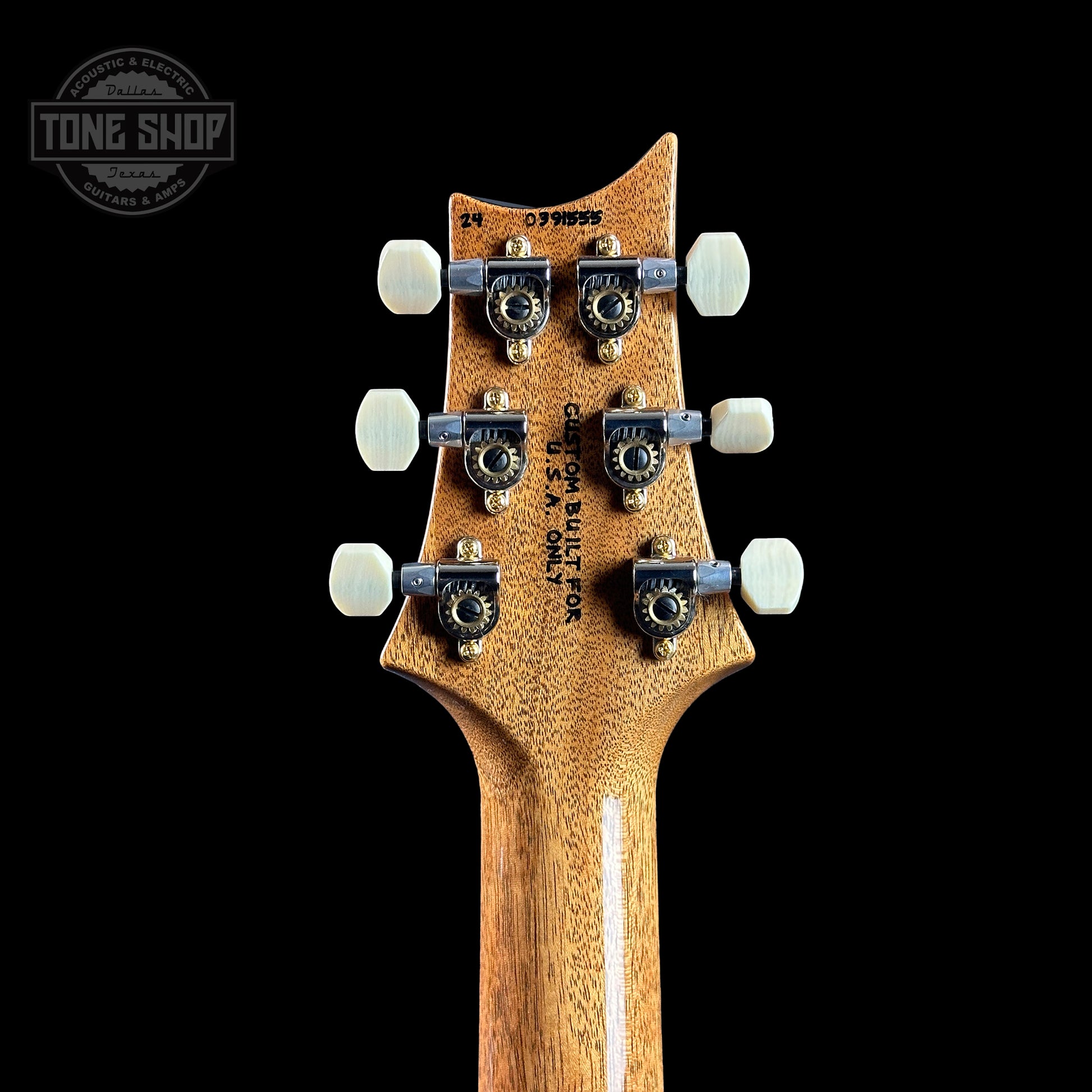 Back of headstock of PRS TSG Anniversary Wood Library Artist DGT Frostbite Brazilian Rosewood.