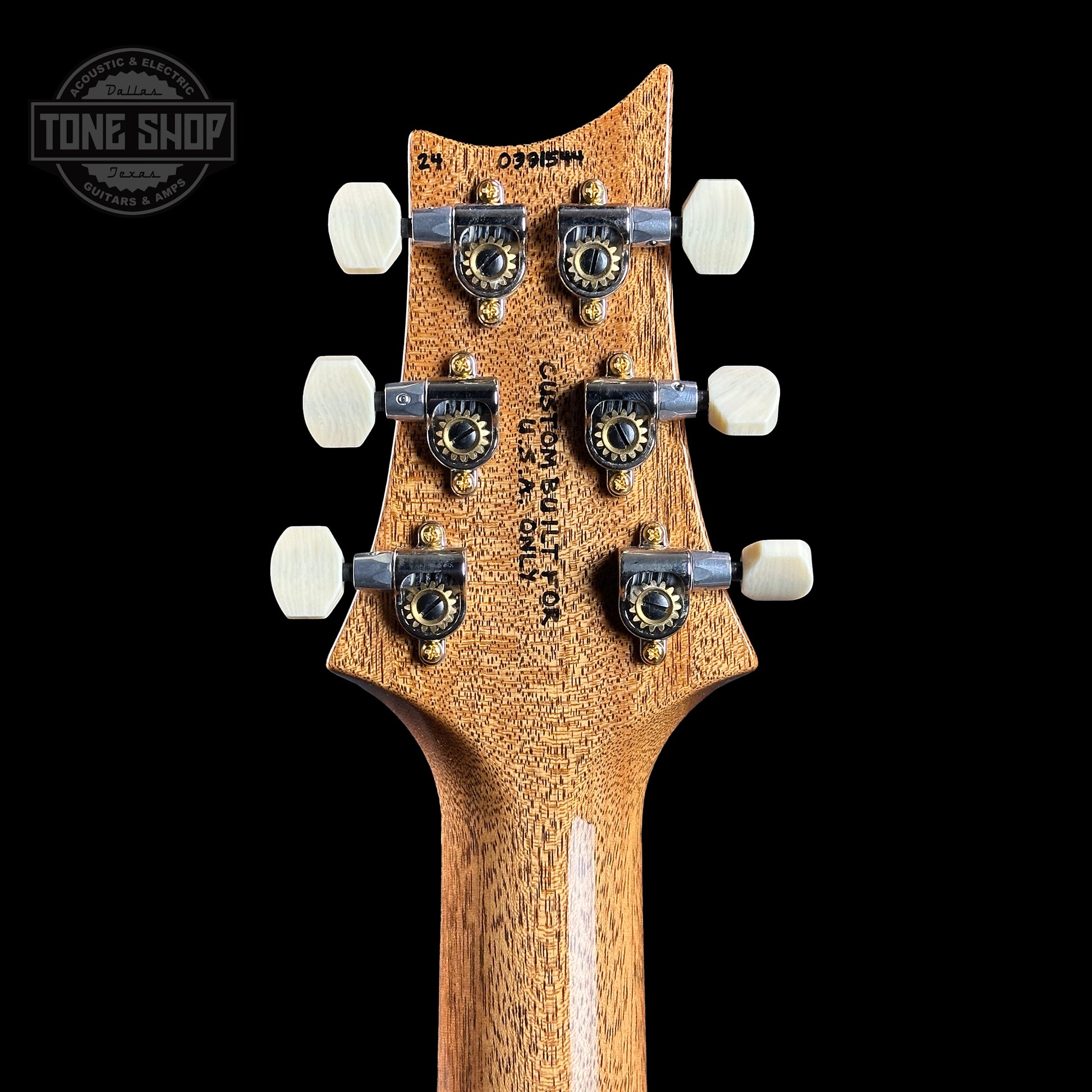 Back of headstock of PRS TSG Anniversary Wood Library Artist DGT Frostbite Brazilian Rosewood.