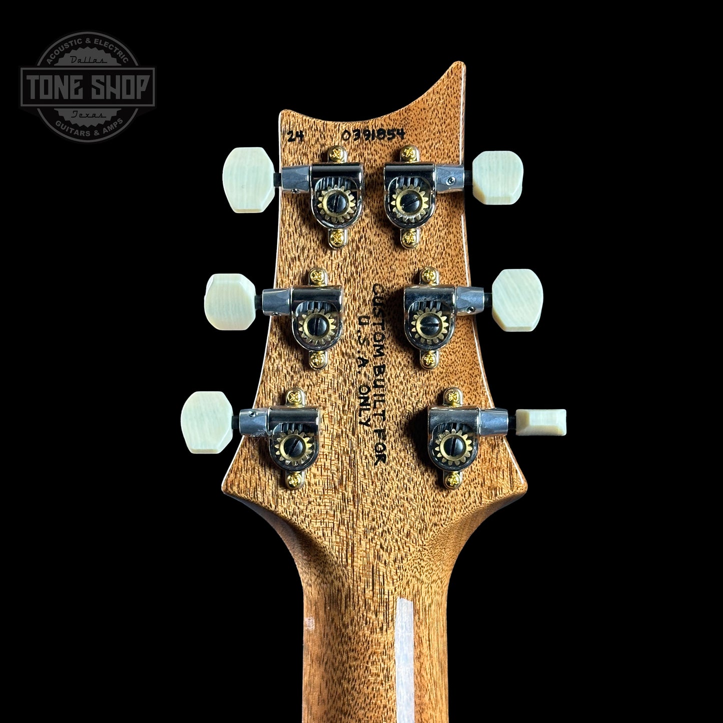 Back of headstock of PRS TSG Anniversary Wood Library Artist DGT Frostbite Brazilian Rosewood.