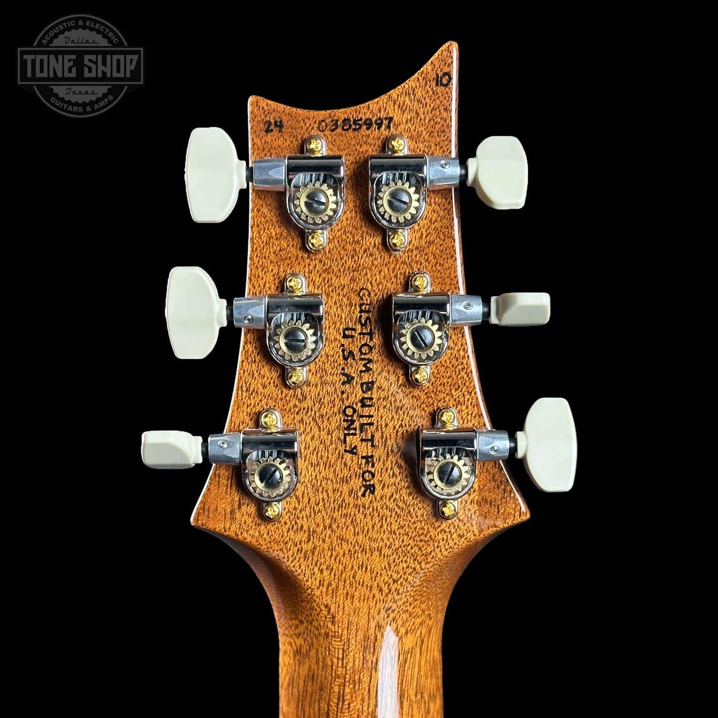 Back of headstock of PRS Wood Library Hollowbody II Piezo 10 top Eriza Verde Smokeburst Brazilian RW.