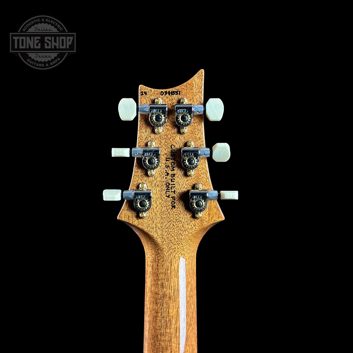 Back of headstock of PRS TSG Anniversary Wood Library Artist DGT Frostbite Brazilian Rosewood.