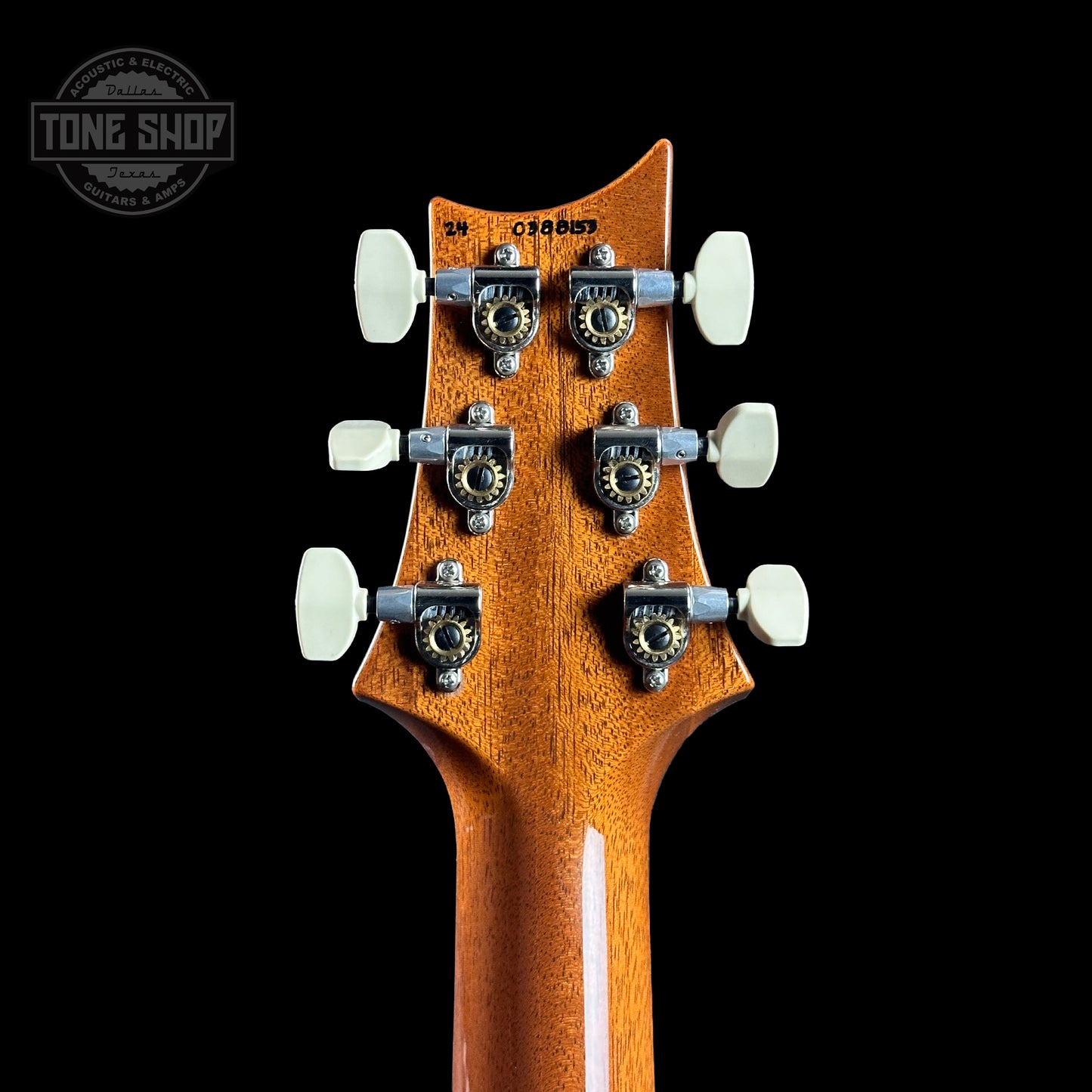 Back of headstock of PRS Hollowbody II Piezo Gold Top Birds.