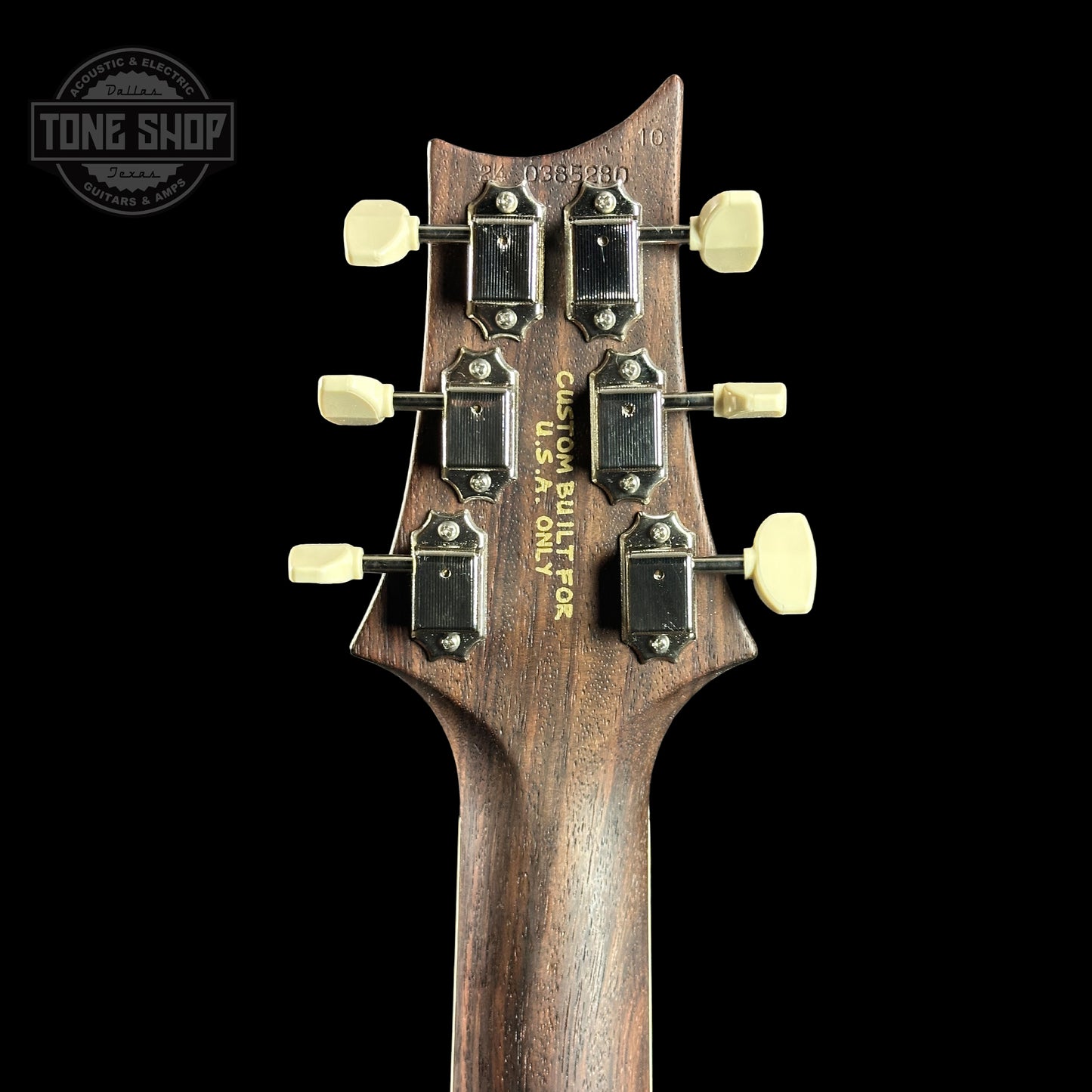 Back of headstock of PRS Wood Library McCarty 594 Honey 10-top Brazilian FB.