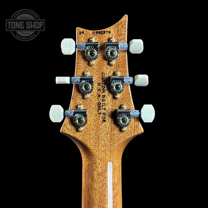 Back of headstock of PRS TSG Anniversary Wood Library Artist DGT Gold Storm Fade Brazilian Rosewood.