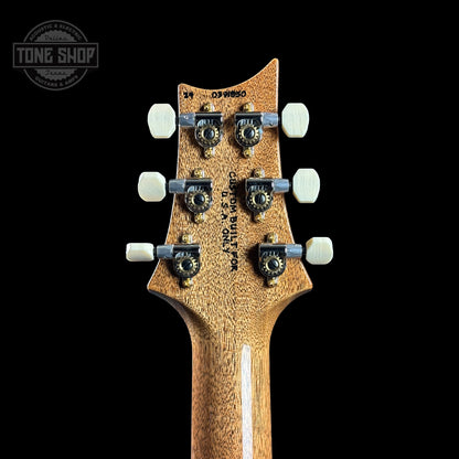 Back of headstock of PRS TSG Anniversary Wood Library Artist DGT Gold Storm Fade Brazilian Rosewood.