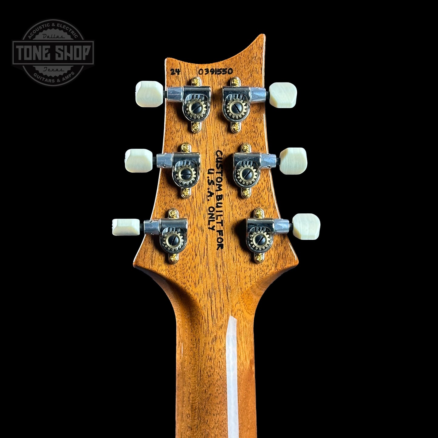 Back of headstock of PRS TSG Anniversary Wood Library Artist DGT Frostbite Brazilian Rosewood.